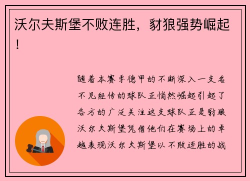 沃尔夫斯堡不败连胜，豺狼强势崛起！