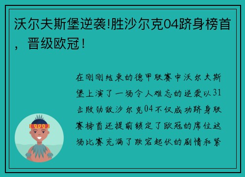 沃尔夫斯堡逆袭!胜沙尔克04跻身榜首，晋级欧冠！