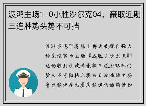 波鸿主场1-0小胜沙尔克04，豪取近期三连胜势头势不可挡