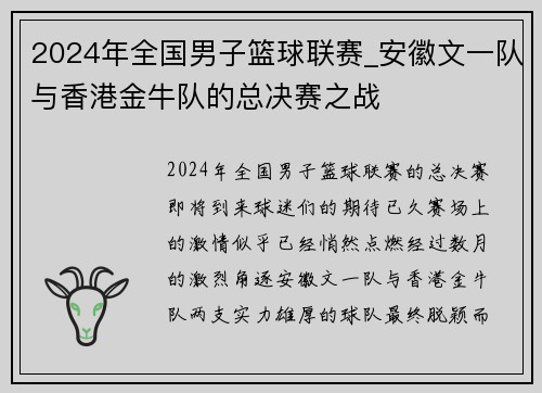 2024年全国男子篮球联赛_安徽文一队与香港金牛队的总决赛之战